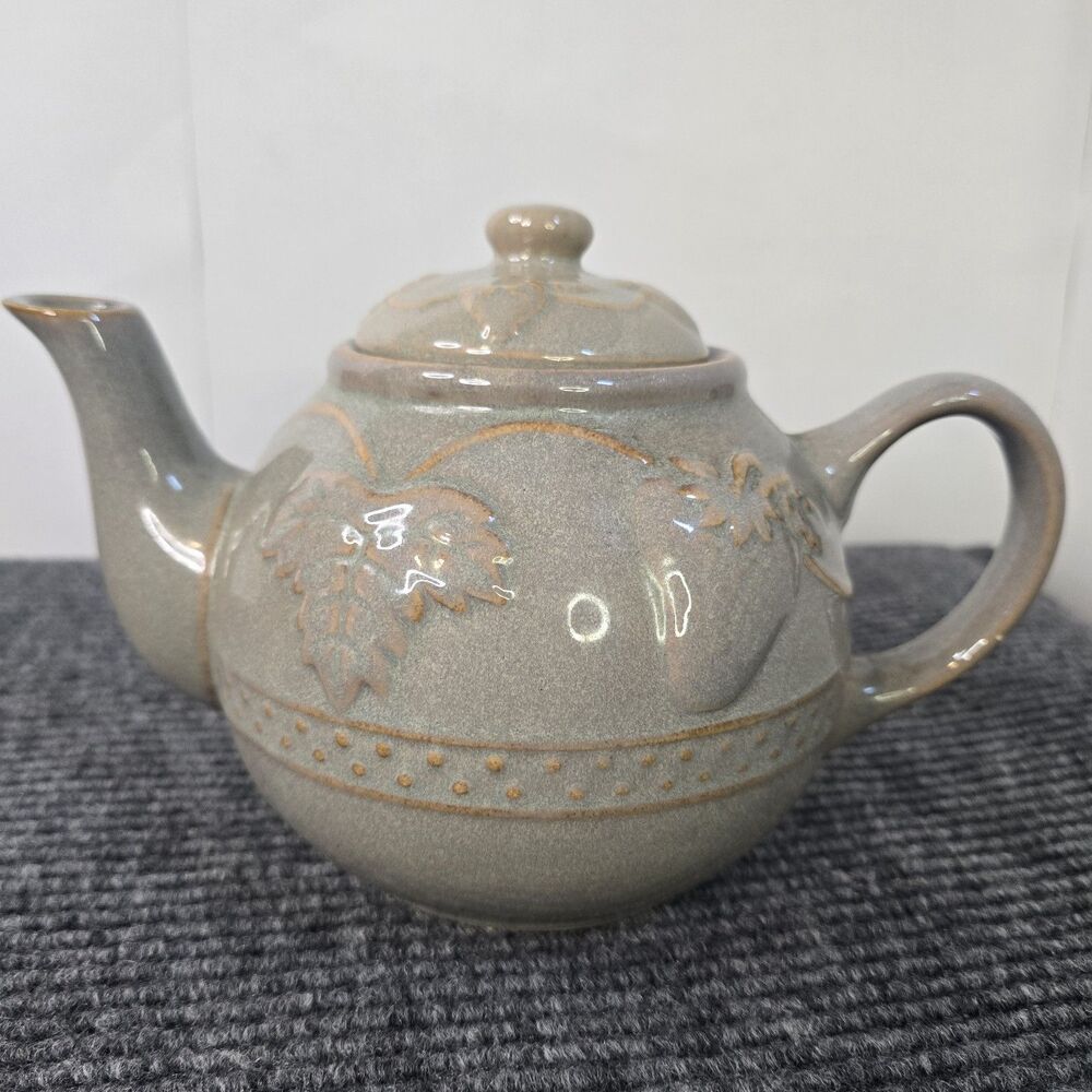 Gray Ceramic Tea Pot Glossy Finish Lid Raised Fruit Holiday Fall Decor Autumn
